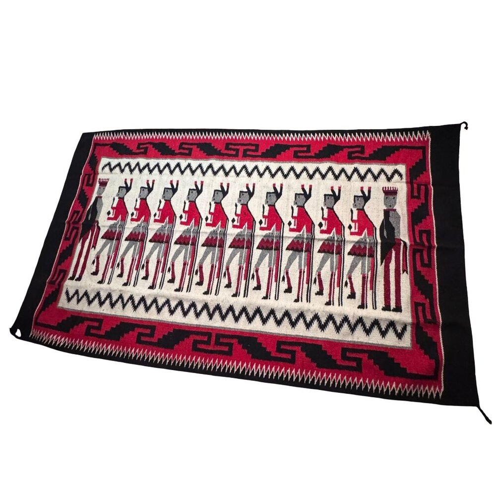 90x55 Vintage Hand Woven Wool Navajo Style Yei Rug Made in Mexico 1970s Rya VTG